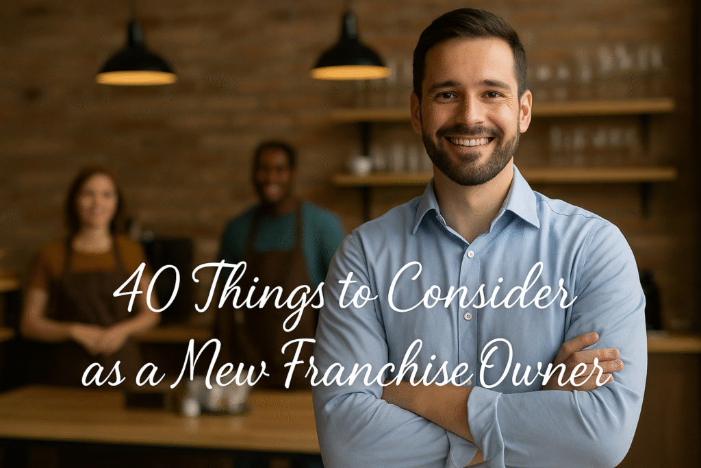 New franchise owner standing proudly in their business with staff, ready to serve customers.