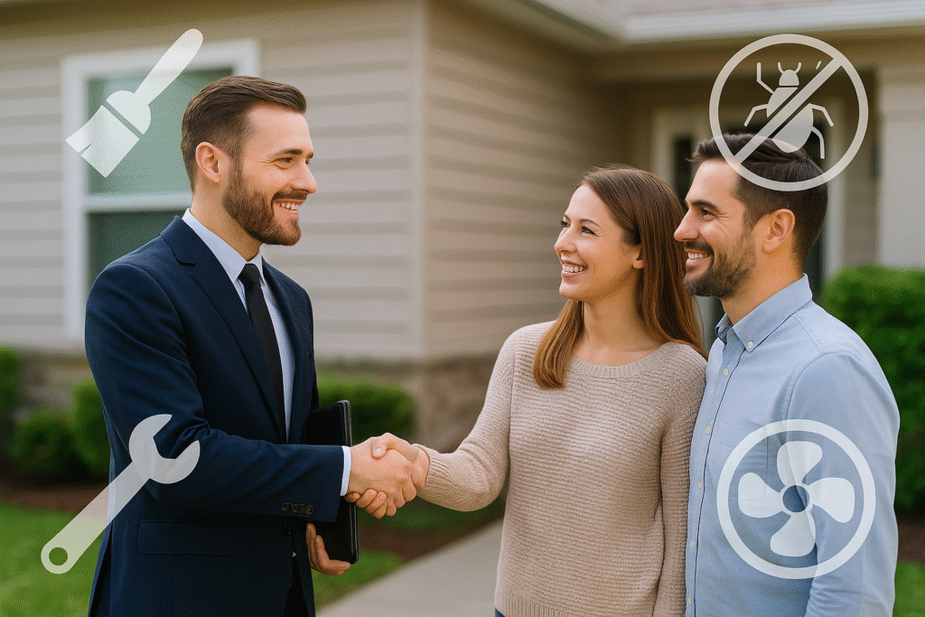 Real estate agent partnering with homeowners and home service providers—symbolizing franchise opportunities such as property management, home inspection, painting, HVAC, plumbing, and cleaning services.